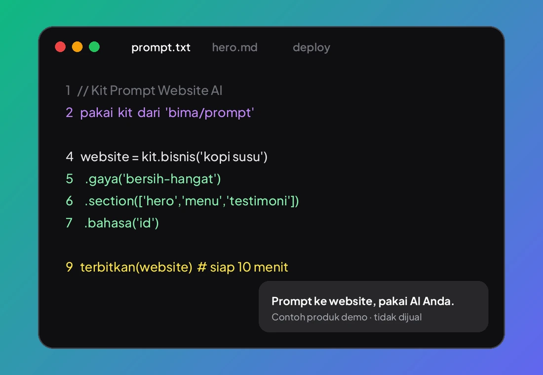 Jendela kode Kit Prompt Website AI (contoh)